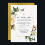 Invitación Bat Mitzvah con floral de oro<br><div class="desc">Invitación de mitzvah de murciélago floral con peonías rosadas,  hierbas silvestres,  algodón y lirios con personalizable de marco geométrico de oro a las especificaciones de tu evento.</div>