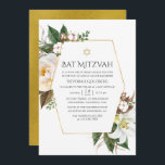 Invitación Bat Mitzvah con floral de oro<br><div class="desc">Invitación de mitzvah de murciélago floral con peonías rosadas,  hierbas silvestres,  algodón y lirios con personalizable de marco geométrico de oro a las especificaciones de tu evento.</div>