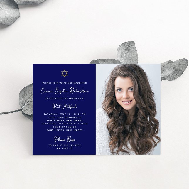 Invitación Bat Mitzvah con foto de oro blanco dulce y simple (Subido por el creador)