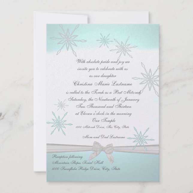 Invitación Bat Mitzvah, copo de nieve en invierno (Anverso)