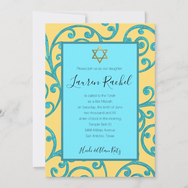 Invitación Bat Mitzvah Cualquier Color Aqua Scroll Design (Anverso)
