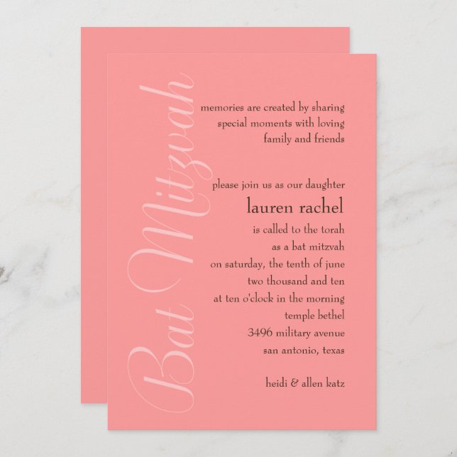 Invitación Bat Mitzvah Cualquier Color Simple Mínimo (Anverso / Reverso)