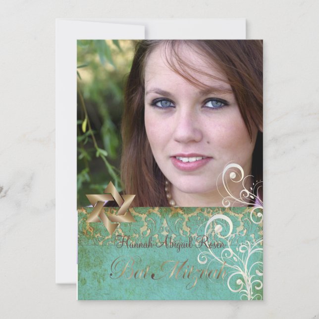 Invitación Bat Mitzvah/Damasco de época/Swirls/aqua (Anverso)