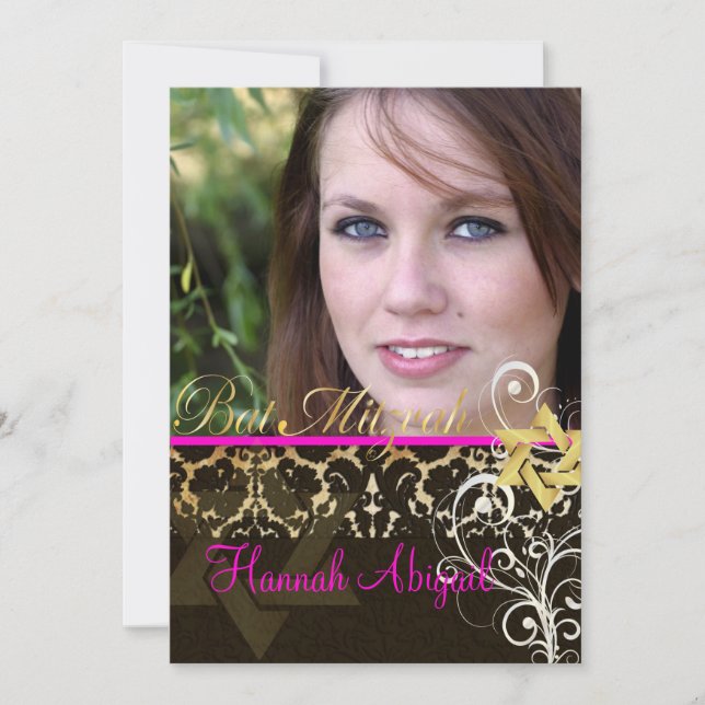 Invitación Bat Mitzvah/Damasco de época/Swirls/Rosa caliente (Anverso)