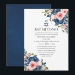 Invitación Bat Mitzvah de acuarela azul marino y floral rosa<br><div class="desc">Invitación de bat mitzvah floral azul marino y rosa de moda personalizable a los detalles de su evento.</div>