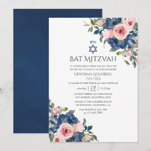 Invitación Bat Mitzvah de acuarela azul marino y floral rosa