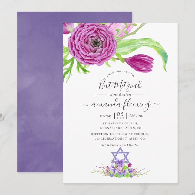 Invitación Bat Mitzvah de acuarela floral de primavera (Anverso / Reverso)