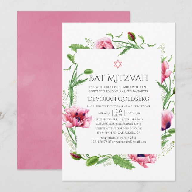 Invitación Bat Mitzvah de amapolas rosadas en acuarela (Anverso / Reverso)