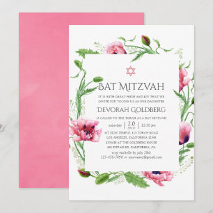 Invitación Bat Mitzvah de amapolas rosadas en acuarela