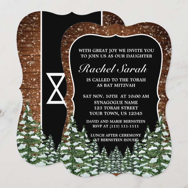Invitación Bat Mitzvah de Black Snowy Wood & Forest Pine Bar (Anverso / Reverso)