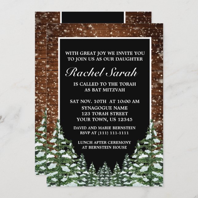 Invitación Bat Mitzvah de Black Snowy Wood & Forest Pine Bar (Anverso / Reverso)
