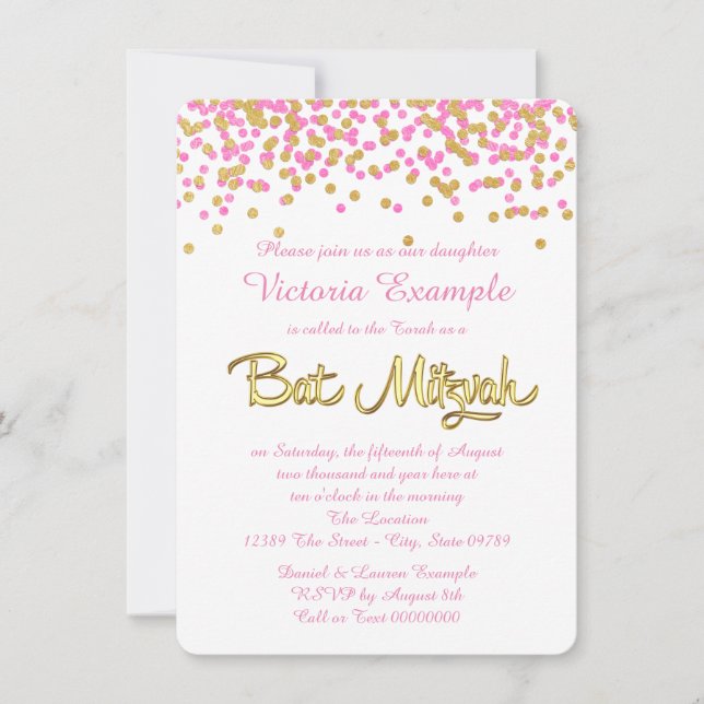 Invitación Bat Mitzvah de Confetti Rosa y Oro (Anverso)