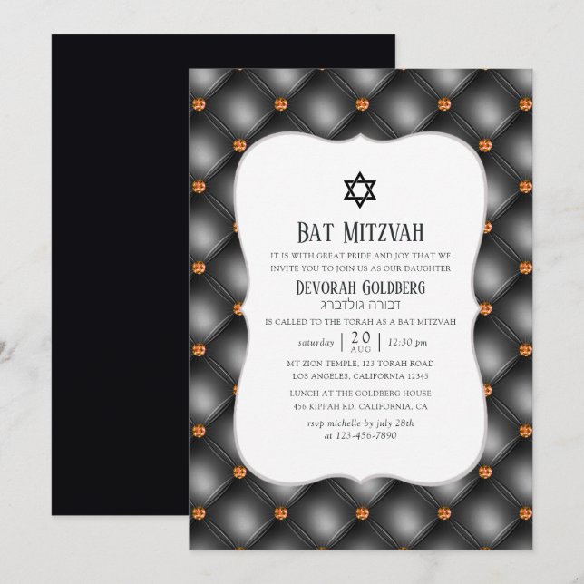 Invitación Bat Mitzvah de cuero negro y Naranja (Anverso / Reverso)