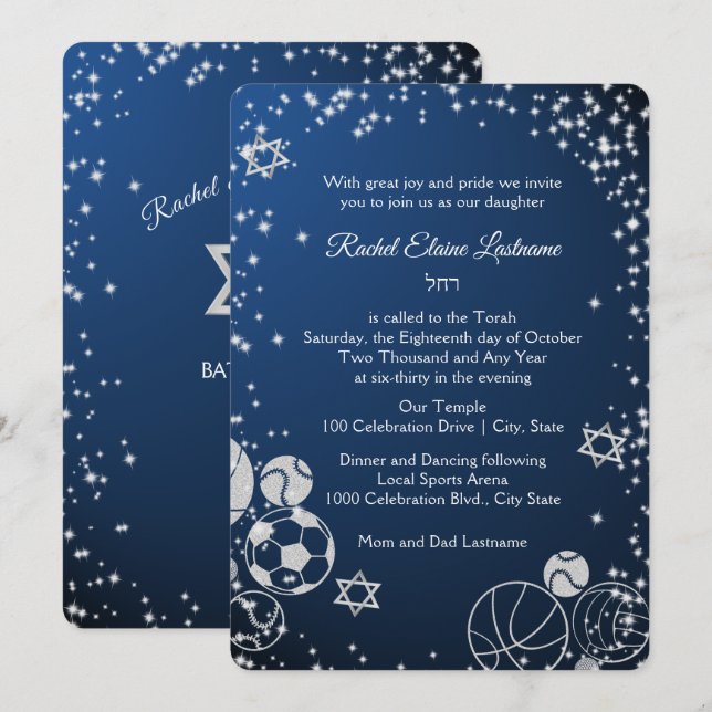 Invitación Bat Mitzvah de Deportes con Destellos (Anverso / Reverso)