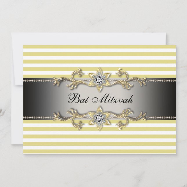 Invitación Bat Mitzvah de franja amarilla y blanca (Anverso)