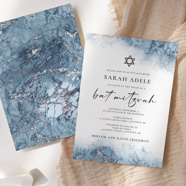 Invitación Bat Mitzvah de mármol de plata azul (Subido por el creador)