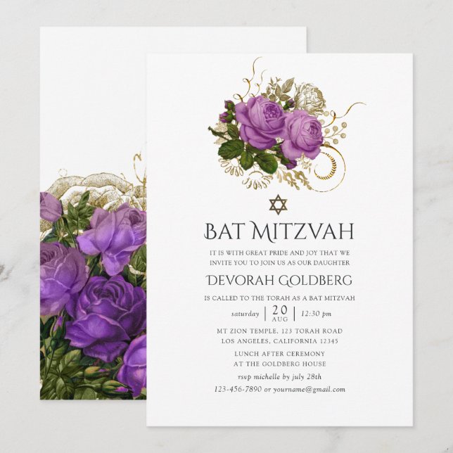 Invitación Bat Mitzvah de Moda de cosecha morada y dorada (Anverso / Reverso)