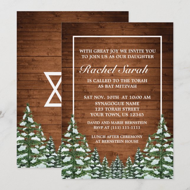 Invitación Bat Mitzvah de Snowley Wood & Forest Rural Pine Ba (Anverso / Reverso)