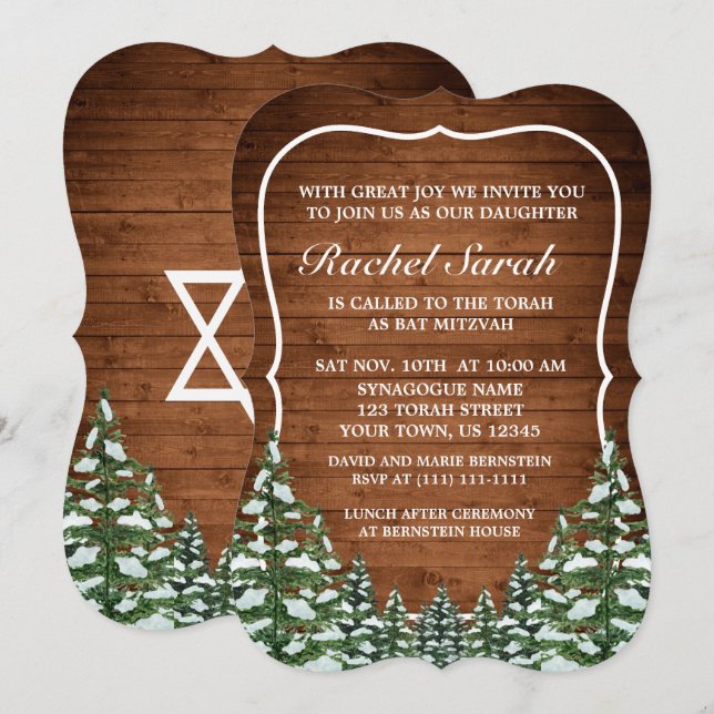Invitación Bat Mitzvah de Snowley Wood & Forest Rural Pine Ba (Anverso / Reverso)