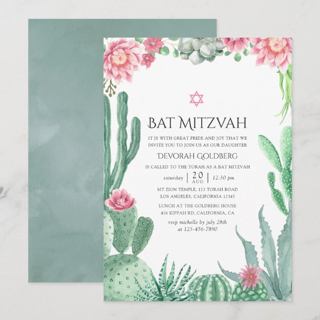 Invitación Bat Mitzvah de Suculentas Acuarela (Anverso / Reverso)