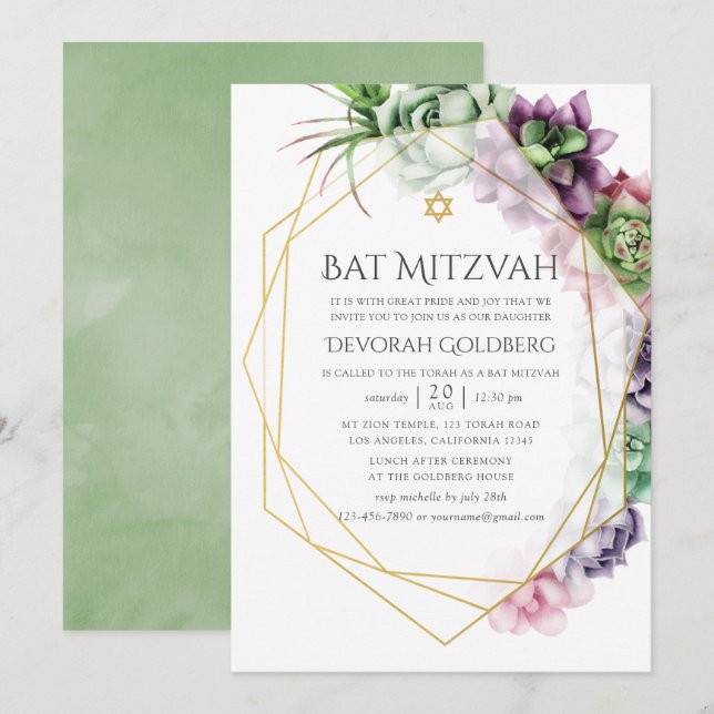 Invitación Bat Mitzvah de suculentas acuarela geométrica (Anverso / Reverso)