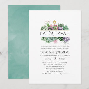 Invitación Bat Mitzvah de suculentas geométricas acuarela