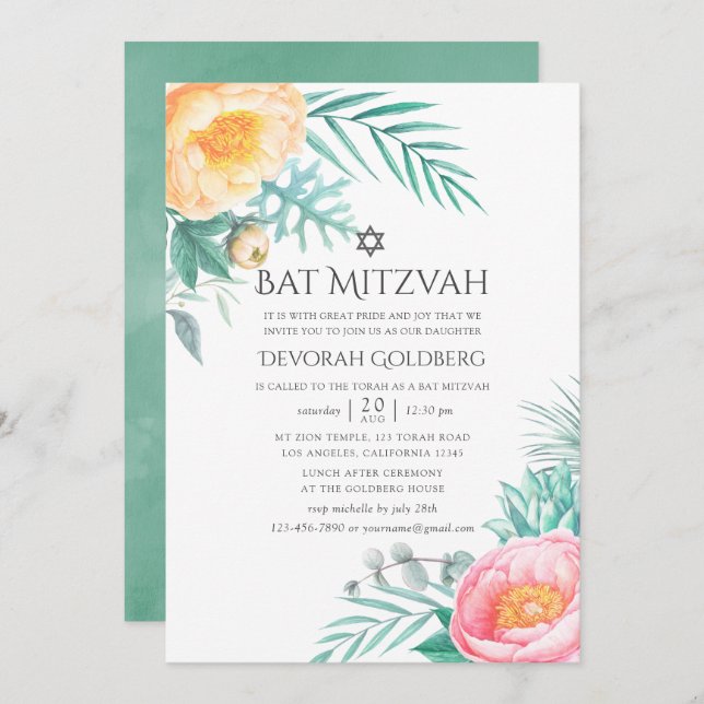 Invitación Bat Mitzvah de verano tropical de menta floral (Anverso / Reverso)