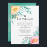 Invitación Bat Mitzvah de verano tropical de menta floral<br><div class="desc">Mint,  rosa y amarilla invitaciones de mitzvah de murciélago exótico de verano con peonías,  eucalipto,  rosehips,  succulantes,  lisianthus,  hojas de mentol y suculentos</div>