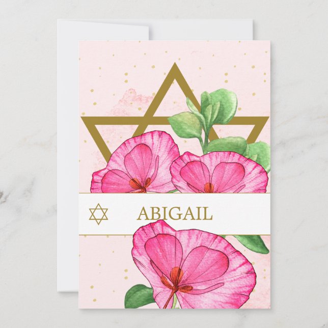 Invitación Bat Mitzvah defiende estrella rosa dorada floral d (Reverso)