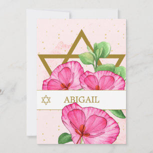 Invitación Bat Mitzvah defiende estrella rosa dorada floral d