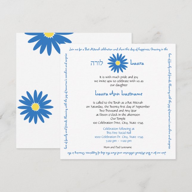 Invitación Bat Mitzvah Delightful Daisy Message Text Blue (Anverso / Reverso)