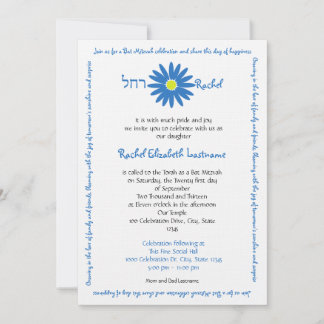 Invitación Bat Mitzvah Delightful Daisy Message Text Blue