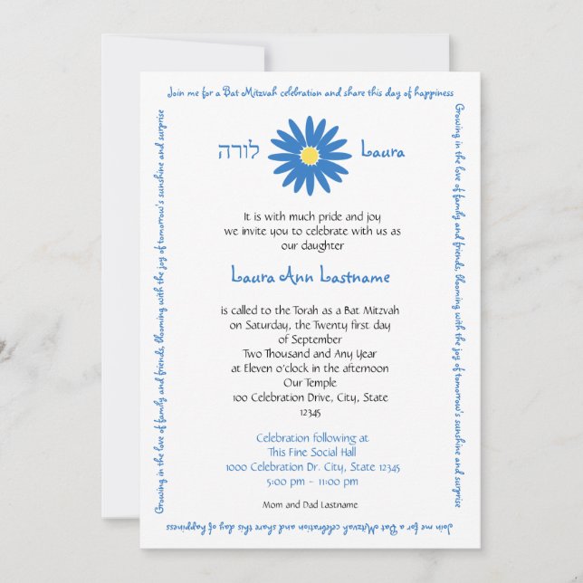 Invitación Bat Mitzvah Delightful Daisy Message Text Blue (Anverso)
