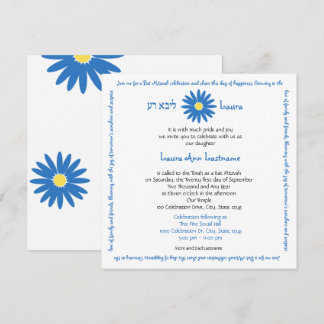 Invitación Bat Mitzvah Delightful Daisy Message Text Blue