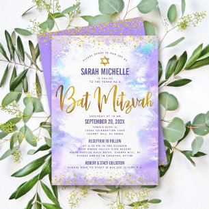 Invitación Bat Mitzvah Dorado Purpura Brillante Acuarela 2 Lu