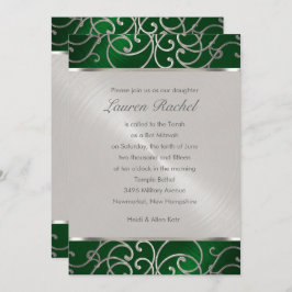 Invitación Bat Mitzvah Elegald Green Silver Filigree