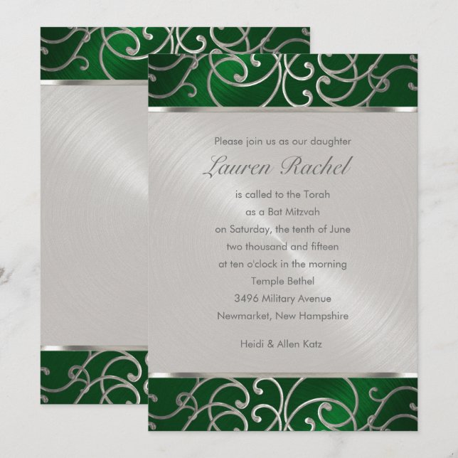 Invitación Bat Mitzvah Elegald Green Silver Filigree (Anverso / Reverso)