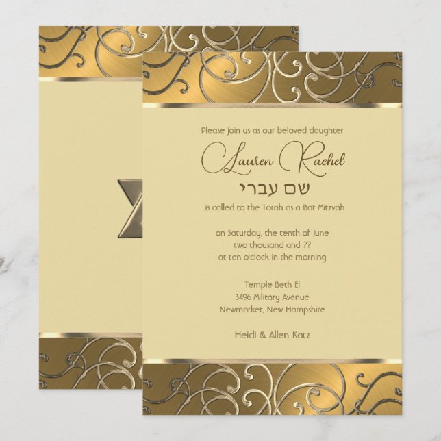 Invitación Bat Mitzvah Elegant All Gold Filigree (Anverso / Reverso)