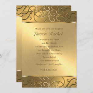 Invitación Bat Mitzvah Elegant All Gold Filigree