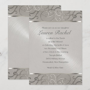 Invitación Bat Mitzvah Elegant All Silver Filigree Swirls