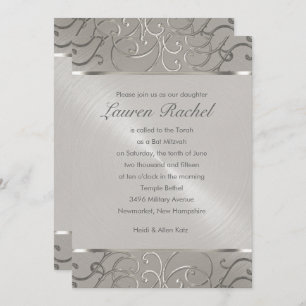 Invitación Bat Mitzvah Elegant All Silver Filigree Swirls