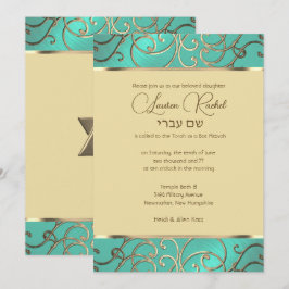 Invitación Bat Mitzvah Elegant Aqua Green Gold Filigree