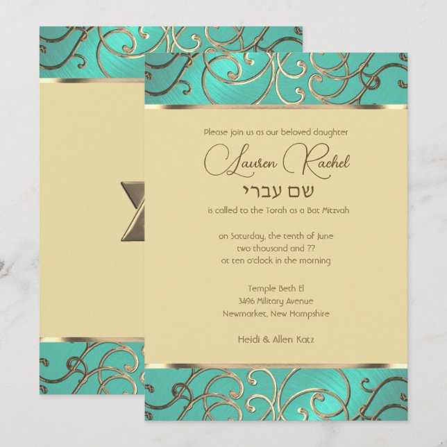 Invitación Bat Mitzvah Elegant Aqua Green Gold Filigree (Anverso / Reverso)