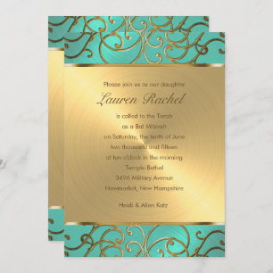 Invitación Bat Mitzvah Elegant Aqua Green Gold Filigree
