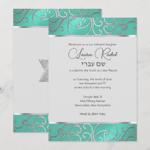 Invitación Bat Mitzvah Elegant Aqua Green Silver Filigree