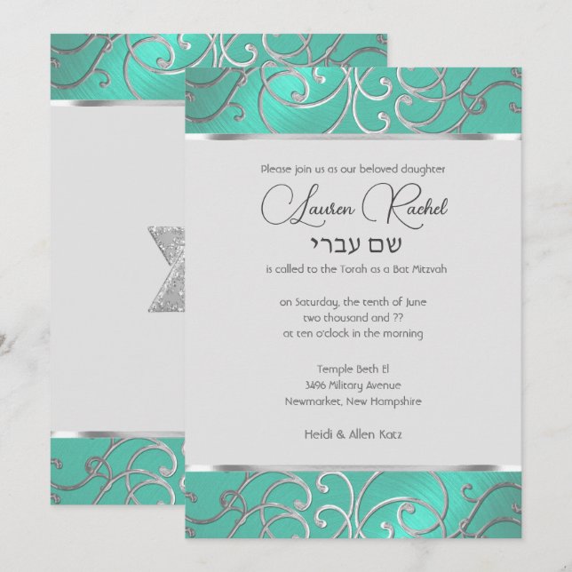Invitación Bat Mitzvah Elegant Aqua Green Silver Filigree (Anverso / Reverso)