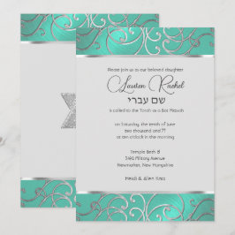 Invitación Bat Mitzvah Elegant Aqua Green Silver Filigree