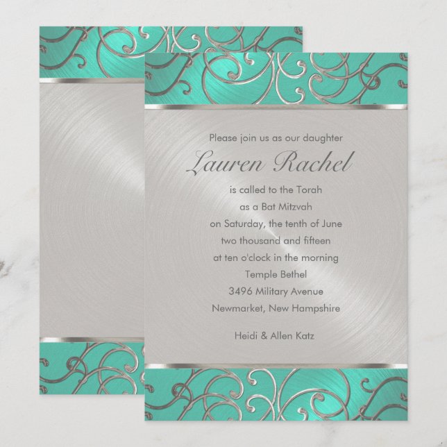 Invitación Bat Mitzvah Elegant Aqua Green Silver Filigree (Anverso / Reverso)
