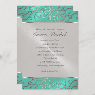 Invitación Bat Mitzvah Elegant Aqua Green Silver Filigree