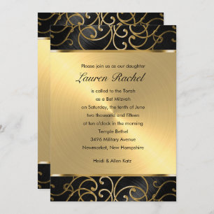Invitación Bat Mitzvah Elegant Black and Gold Filigree